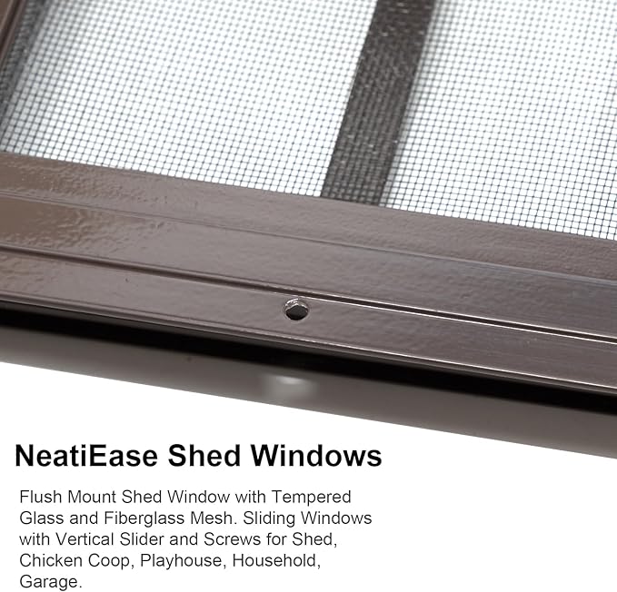 NeatiEase 2 Pack Shed Windows with Black Frame, 24x36 Flush Mount Small Window with Tempered Glass and Fiberglass Screen for Shed, Chicken Coop, Playhouse, Household, Garage (Brown)