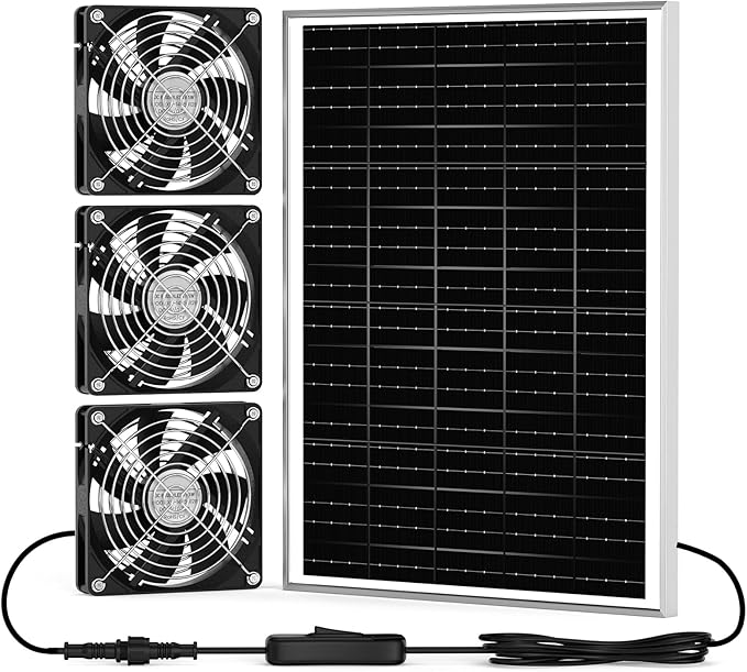 New 5.5" Solar Chicken Coop Fan 3 Kit, 35W Solar Powered Exhaust and Intake Greenhouse Fan Outdoor Waterproof, 16.5ft Cord, Strong Airflow, for Shed Pet House Air Circulation and Ventilation