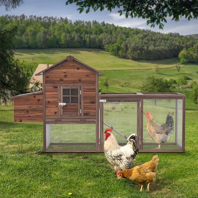 Wooden Chicken Coop, 80IN Outdoor Chicken Cages and Run with Nesting Boxes for 2-4 Chickens, Hen Run Poultry Pet House Rabbit Hutch with Waterproof Roof & Removable Tray for Backyard Poultry (ONE)