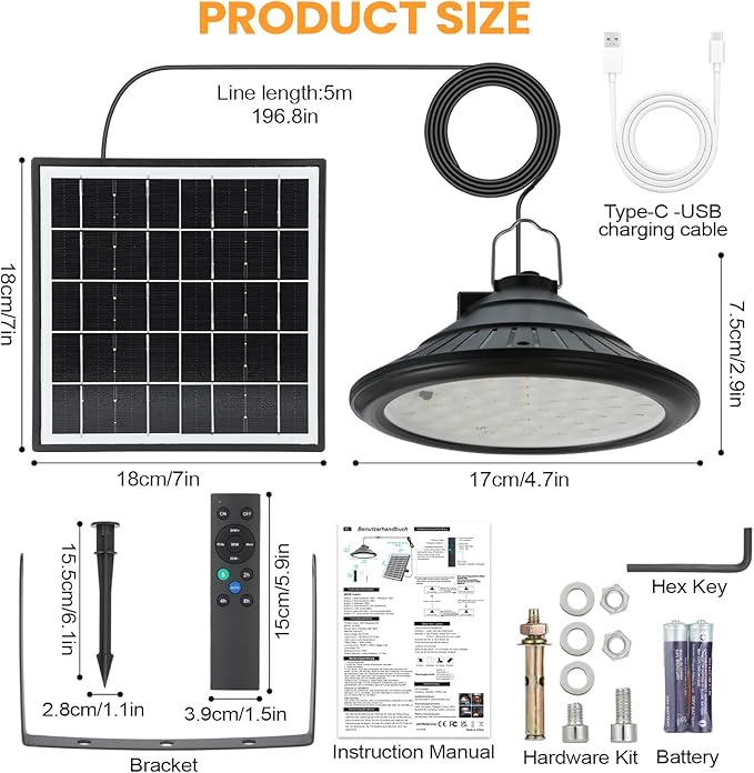 Solar Chicken Coop Light with Remote, Outdoor IP66 Waterproof Pendant Lights, 4500mAh Rechargeable Solar Barn Lights, 3 Modes, 4 Brightness Levels, 24H Timer, 16.4ft Cable for Patio Garden, 2-Pack