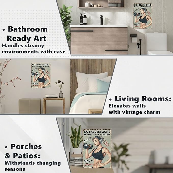 Vintage No Excuses Zone Metal Sign Retro Girl Lifting Dumbbells Fitness Tin Sign Nostalgic Art for Home Gym Personal Studio Wall Decor Living Room Garage Cafe Bar 16 * 12 In