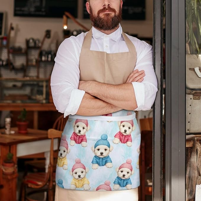 Unisex Apron for Cooking Server Waitress Half Waist Apron with 3 Pockets