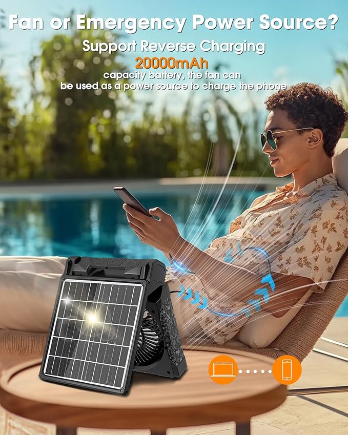 Solar Camping Fan 20000mAh, Solar Powered Fan with LED Lantern, Upgrade 9W Rechargeable Battery Operated Fans for Outside, 4 Speeds, 8H Timer and Quiet Battery Powered Solar Tent Fans for Outdoor