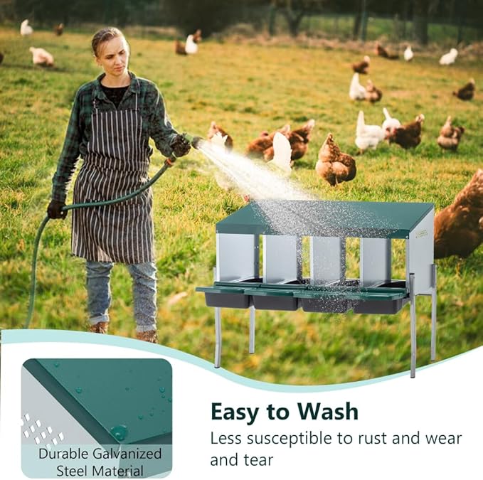 Green Chicken Nesting Box for Laying Eggs – Roll Away Poultry Nest, Durable & Easy-Clean Hen Egg Box for Coops, Secure & Comfortable (4-Hole with Legs,Green)