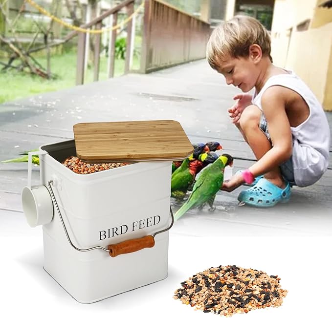 Morezi Bird Treat and Food Storage tin with Wooden lid and Scoop Included - White Powder - Carbon Steel - Birds Food bin - pet Food Container Storage Canister