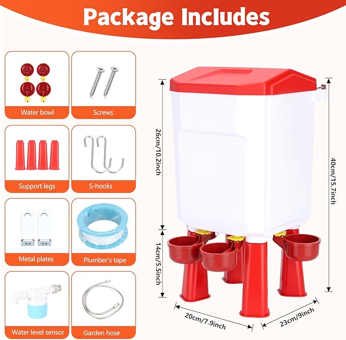 Chicken Waterer Float-Controlled Automatic Continuous Fresh Water Filtered Float- Chicken Waterer 2 Gallons Large Poultry Waterer for Duck, Quail, Turkey, Chick (Red)