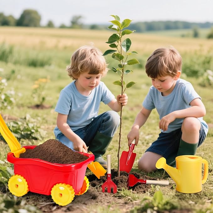 Kids Gardening Tools Set 9 pcs Wheelbarrow Set for Toddler with DIY Flowerpot,Watering Can,Shovel,Rake,Beach,Garden,Outdoor Backyard Farm Digging Play Set Toys,3-8 Year Old Boy Girl Gift