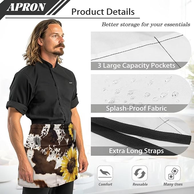 Waist Apron with 3 Pockets Waterproof 13 Inch Short Half Waist Aprons Women Men Server Aprons Waitress Waiter Apron
