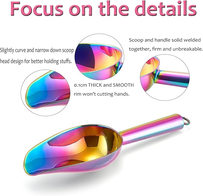 Mini Ice Scoop Set of 4, E-far 3 Ounce Rainbow Stainless Steel Scoops for Candy/Flour/Sugar, Small Metal Scoops for Party/Canisters Jars/Kitchen Bar/Ice Maker, Rust Proof & Dishwasher Safe