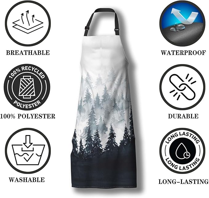Chef Apron for Men Watercolor Mountains Landscape Trees Pinafore Aprons for Women for Kitchen Cooking Restaurant BBQ Painting Crafting 27” (W) x 31” (H), Waterproof Apron