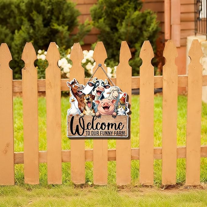 Farmhouse Wall Decor, Welcome to Our Funny Farm Animal Sign, Rustic Wood Hanging Plaque, Cartoon Watercolor Style Wall Art Painting for Porch Entryway Kitchen or Bedroom, 10.2x9.8 Inches
