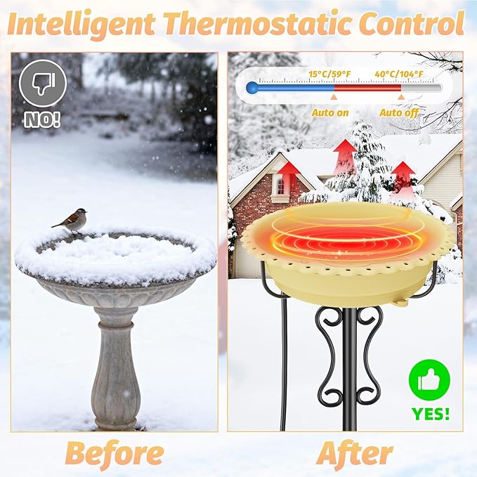 Heated Bird Bath for Outside Winter,100W Thermostat Control Birdbath Bowl with Metal 5-Prong Base,Freestanding Heated Bird Baths for Outdoors Garden Patio Yard Lawn (Beige)
