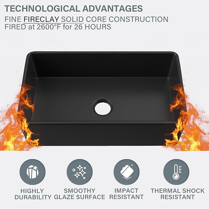 Black Farmhouse Sink 33 x 18 Inch, Single Bowl Firecaly Apron Front Undermount Farm Sink, with Accessories 2 Types, Matte Black, for Kitchen