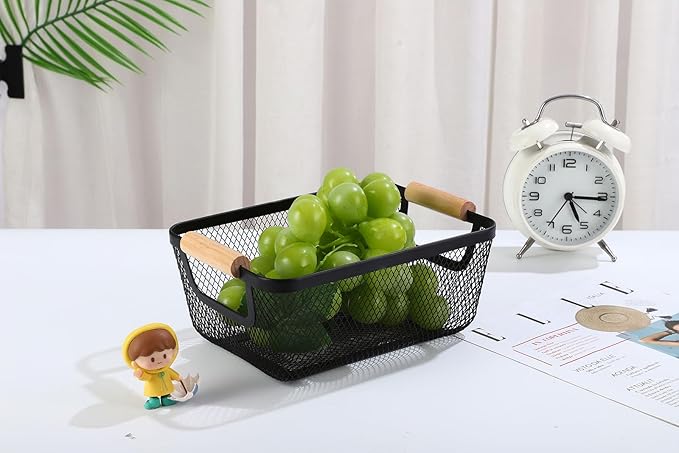 Metal Mesh Steel Basket, Small Wire Storage Organizer Basket Multi-function Hanging Kitchen Basket with Wood Handle for Kitchen Bathroom Picnic Home, Rectangle-Black