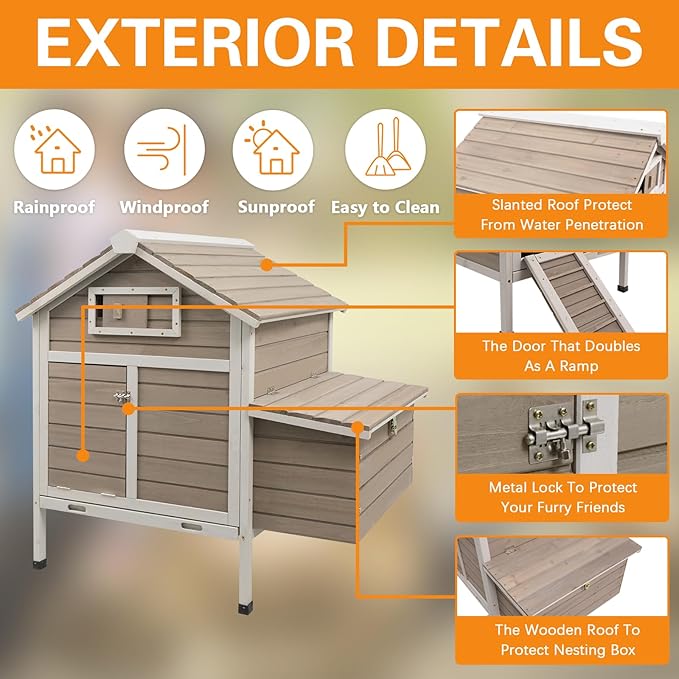 Chicken Coop Rabbit Hutch with Removable Trays,Raised Floor Hen House with Nesting Box,Wooden Outdoor Poultry Cage Pet House with Ramp Run Hen Cage for Garden Backyard(Grey)