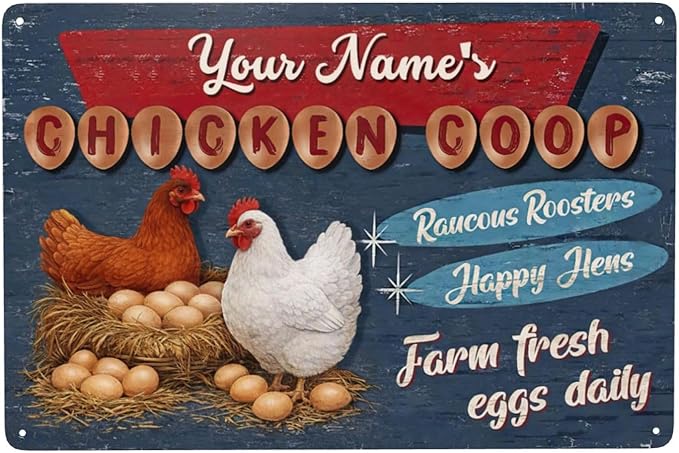 Custom Name Chicken Coop Sign Farm Fresh Eggs Daily Raucous Roosters Happy Hens Retro Tin Metal Plaque Country Farmhouse Wall Decor For Backyard Poultry Lovers