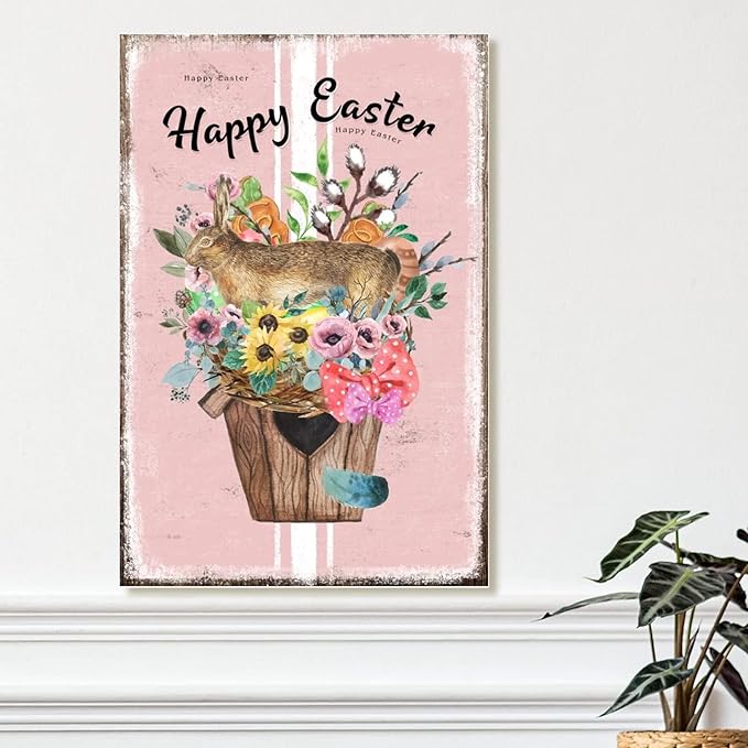 Happy Easter Flower Basket Bunny Wall Hanging Plaques French Style Floral Pink Stripes Wooden Sign Plaque Happy Easter Welcome Spring Wood Plaque for Home Office Porch 12x18in