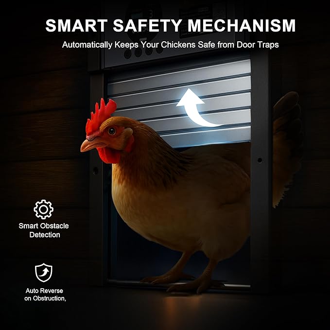Automatic Chicken Coop Door – Solar Powered Aluminum Auto Chicken Door with Light Sensor, Timer & Manual Control, 2500 mAh Battery +USB-C Backup, Waterproof, Anti-Pinch Safety, Fits Most Poultry Coops