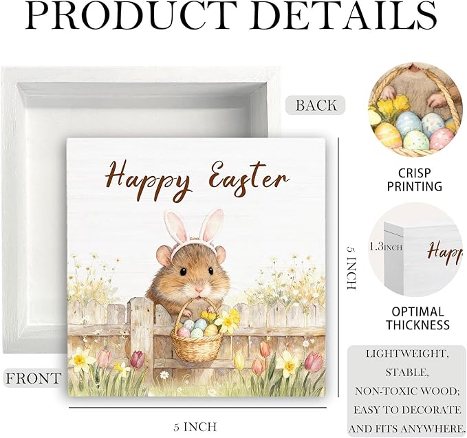 Happy Easter Hamster Wooden Box Sign Desk Decor, Spring Wildflower Easter Egg Farm Hamster Wood Signs for Bedroom Home Office Desk Table Shelf Decorations, 5x5 Inch
