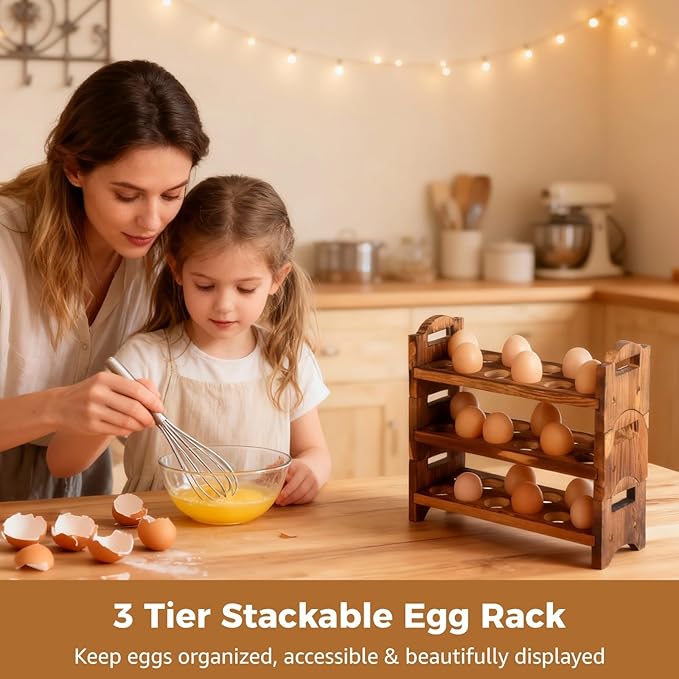 3 Tier Stackable Egg Rack, Wooden Countertop Egg Holder Holds 36 Eggs, Dark Brown Fresh Eggs Organizer, Stackable Quail Egg Sorter Storage Trays for Duck, Turkey, Chicken Egg