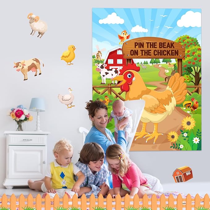 Faccito Farm Animal Games Pin The Beak on The Chicken Barnyard Birthday Party Decorations Farm Poster Games with 24 Stickers Eye Mask for Kids Family School Activities Birthday Party Decor Supplies
