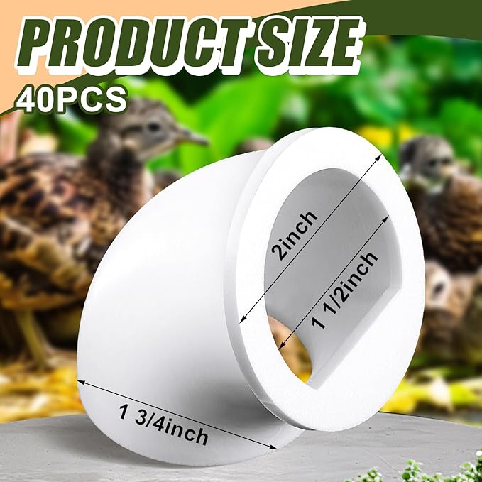 40 Pack Quail Feeders No Waste Chicken Feeder Port DIY Chick Feed Saver Quail Supplies for Coturnix Small Poultry Farm Bucket Bin Container (1.5 Inch,White)