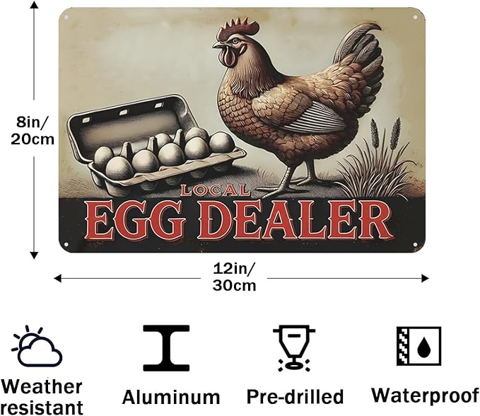 Local Egg Dealer Funny Chicken Coop Sign Farm Fresh Eggs Aluminum Sign Humorous Poultry Farm Decor Gift for Chicken Lovers Rustic Metal Sign 8x12 Inches Style-07