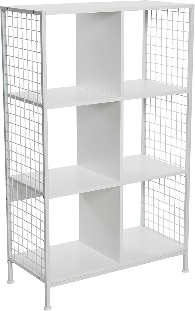 Household Essentials Trellis Open Storage Bookshelf with 6 Cube Compartments Scandinavian White and White Metal