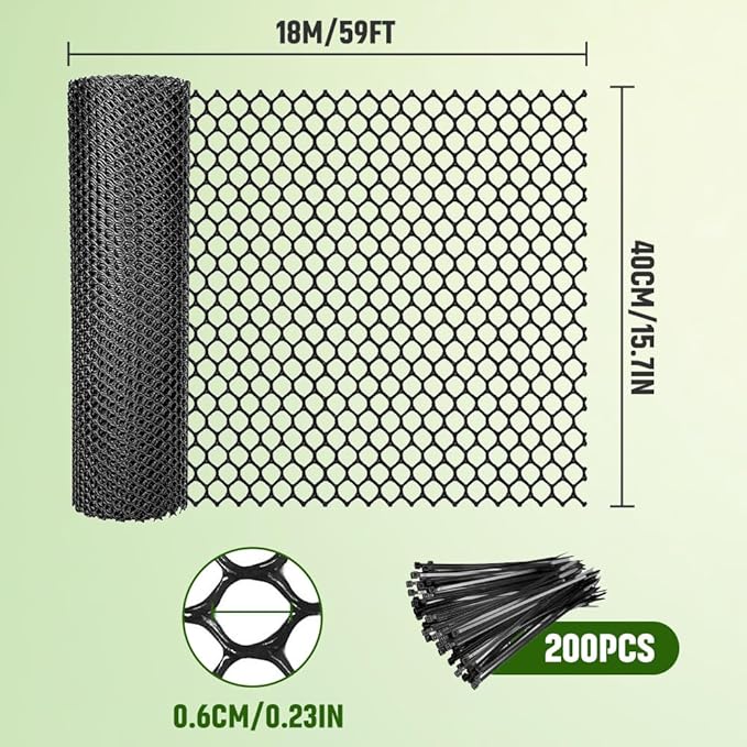Plastic Wire Mesh Fence, 15.7IN x 59FT, Black, Poultry Animal Barrier Fence, Garden Netting with 200 Zip Ties