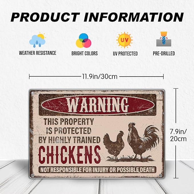 Warning This Property Is Protected By Highly Trained Chickens Vintage Metal Sign For Farm Chicken Coop Rural Home Or Garden 12 x 8 Inch Kitchen Wall Art