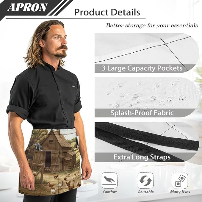 Waistress Apron with Pockets Coffee Waiter Apron Long String Chef Half Aprons for Cooking Kitchen Hairdresser