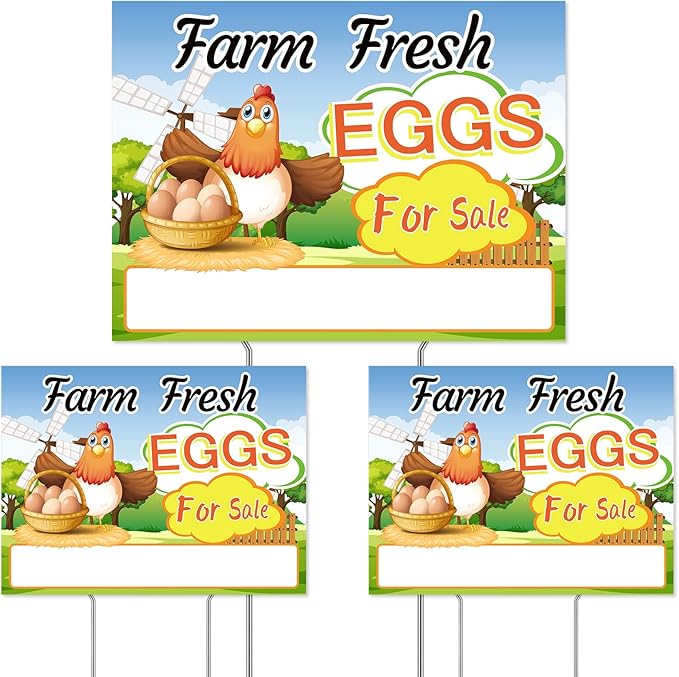 Hicarer 3 Pcs Farm Fresh Eggs for Sale Sign 12 x 16 Inch Large Fresh Chicken Eggs for Sale Yard with 6 Stakes Weatherproof Corrugated Plastic Farm Sign Outdoor Home Decor