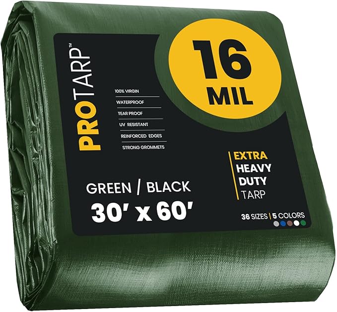 PROTARP Extra Heavy Duty 16 Mil Tarp Cover, Waterproof, UV Resistant, Rip and Tear Proof, Poly Tarpaulin with Reinforced Edges for Roof, Camping, Patio, Pool, Boat. (Green/Black 30′ X 60′)