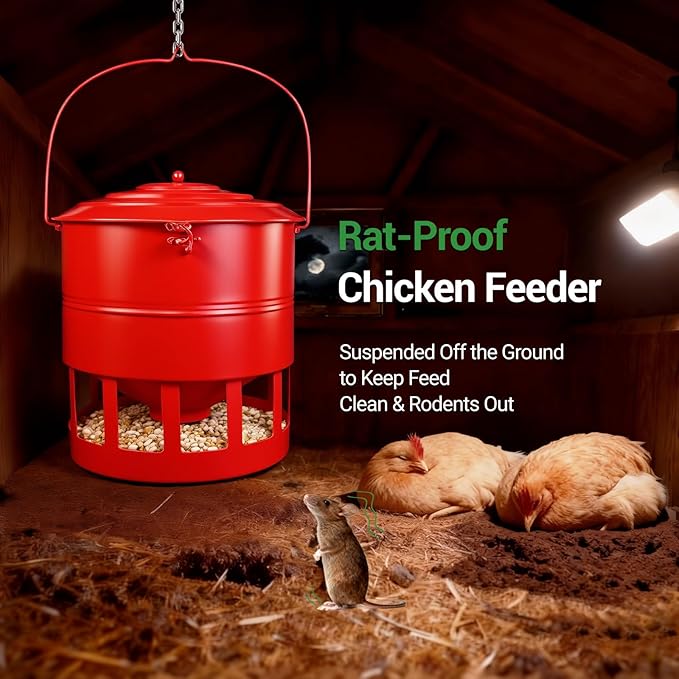 Metal Hanging Chicken Feeder No Waste, Rain-Proof Automatic Chicken Feeders, No-Spill Poultry Feeder, Rat Proof Gravity Chicken Feeder with 12 Ports for Farm & Backyard Chicken Coop