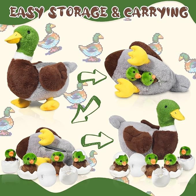 7 in 1 Mallard Duck Stuffed Animals Duck Plush Toys, 12" Zipper Mommy Stuffed Duck with 4 Baby Ducks Ducklings Eggs Green Duck Plushies Pillow for Kids Birthday Easter Stuffers Gifts Farm Party Decor