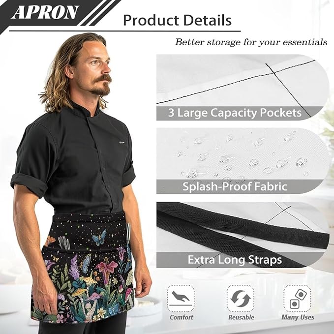 Waist Apron with 3 Pockets Waterproof 13 Inch Short Half Waist Aprons Women Men Server Aprons Waitress Waiter Apron