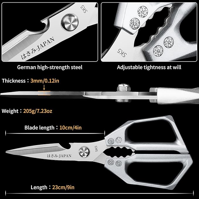 Kitchen Scissors for Food Japanese - Poultry Shears, Japanese All Purpose Heavy Duty for Chicken Wing/Bone, Meat, Quail, Fish, Turkey, Vegetables, Stainless Steel Cooking Aid Scissors, Dishwasher Safe