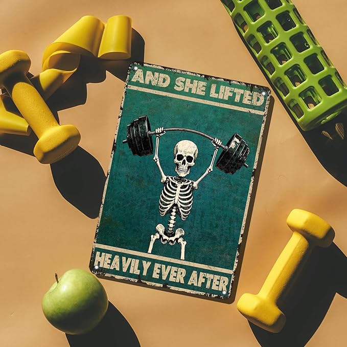 Funny Skull Gym Metal Signs Skeleton And She Lifted Heavily Ever After Tin Sign Weightlifting Fitness Gym Wall Decor Home Kitchen Garden Bar Coffee Restaurant Bathroom Art Workout Room Decor 8x12 Inch