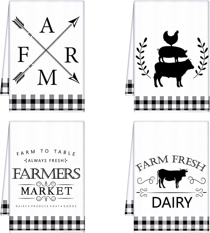 Geyoga 4 Pcs Chicken Kitchen Towels Rooster Dish Hand Towels Farm Animal Cow Vintage Rustic Tea Cloth for Spring Easter Bathroom Farmhouse Decor Gifts, 16 x 24 Inch(White, Black,Farm)