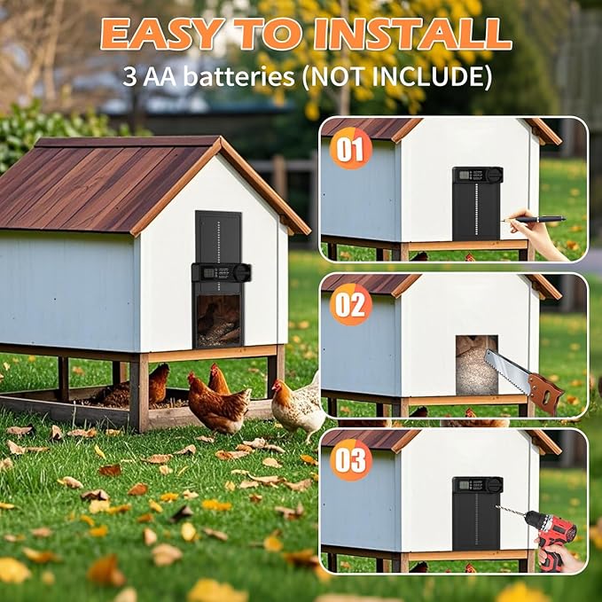Automatic Chicken Coop Door - Aluminum Auto Chicken Coop Opener with Anti-Pinch Sensor, Battery Powered Chicken Door with Smart Timer & LCD Display, Waterproof
