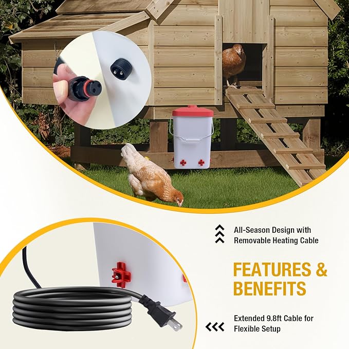 Heated Chicken Waterer 3 Gallon Poultry Water Heater with 4 Nipples Freeze Proof Chick Waterer Heater for Winter Chicken Turkey Pigeon Goose