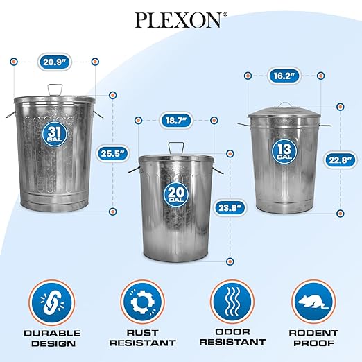Plexon 31, 20 and 13 Gallon Metal Trash Cans with Lid Set Outdoor Trash Cans Heavy Duty Galvanized Metal Buckets with Lids for Garage Workshop Ash Storage Farmhouse, Bundle