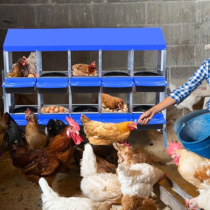 GarveeHome 2-Tier Chicken Nesting Box, 10 Compartment Metal Chicken Laying Boxes with Waterproof Roof ＆ Removable Trays for Hens, Poultry，Easy Egg Collection