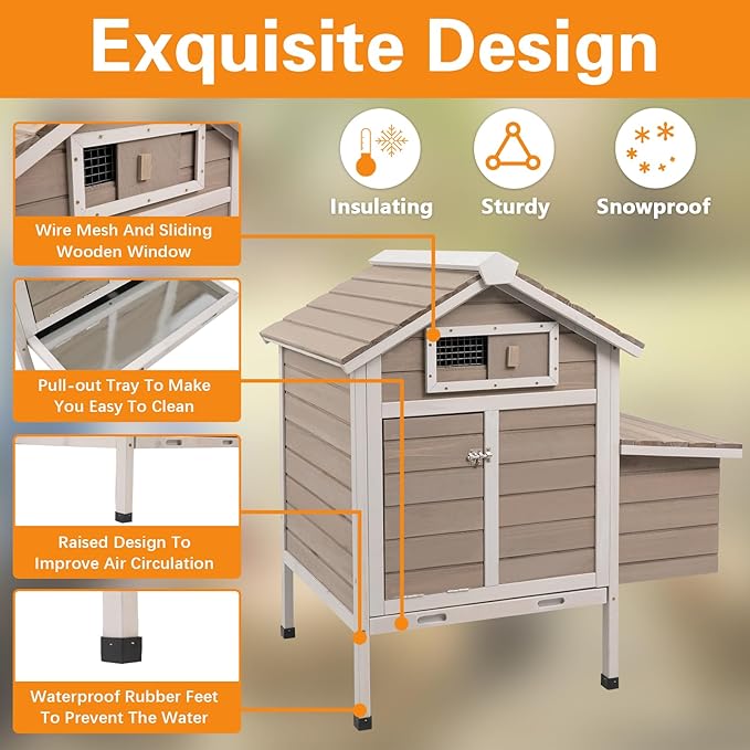 Chicken Coop Rabbit Hutch with Removable Trays,Raised Floor Hen House with Nesting Box,Wooden Outdoor Poultry Cage Pet House with Ramp Run Hen Cage for Garden Backyard(Grey)