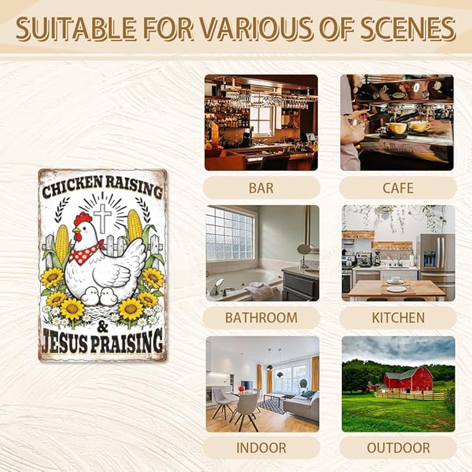 WADORN Funny Chickens Metal Tin Sign, 8x12 Inch Chicken Raising Jesus Praising Retro Tin Sign Rustic Farmhouse Wall Art Decor Plaque Gift for Home Farm Chicken-Coop Yard Farmhouse Kitchen Garden
