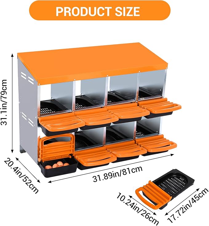 Chicken Nesting Box 8-Hole Roll Away Egg Laying Box with Lid, Galvanized Steel Rustproof Poultry Coop Box, Easy Clean, Wall Mountable No Bracket Needed for Hens, Orange