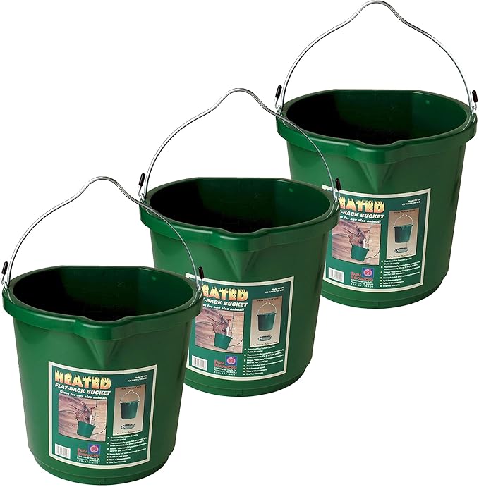 Farm Innovators 3 Pack Heated Water Bucket, 120W Heating Power - Flat Back 5 Gallon Plastic Bucket with Cord Storage for Livestock Watering & Feeding