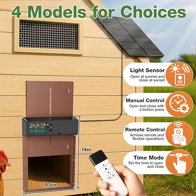 Automatic Chicken Coop Door Solar Powered with Timer&Light Sensor Remote Control 4Modes,Adjustable Anti-Pinch Strength&Weather Poof