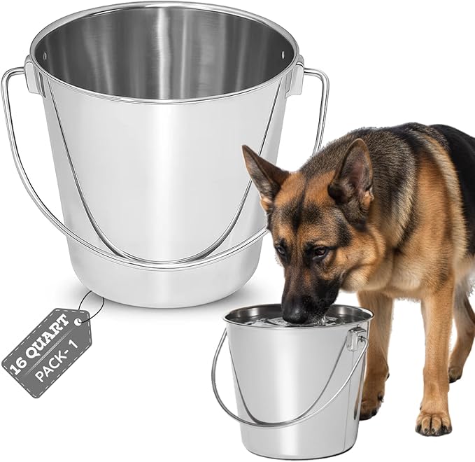 16 quart Heavy Duty Stainless Steel Round Bucket with Handle | 4 gal Sturdy Food & Water Bowl for XL Dog Goat sheep Horse & Livestock | Fits kennel Crate Cages Farm | Hanging Utility Pail