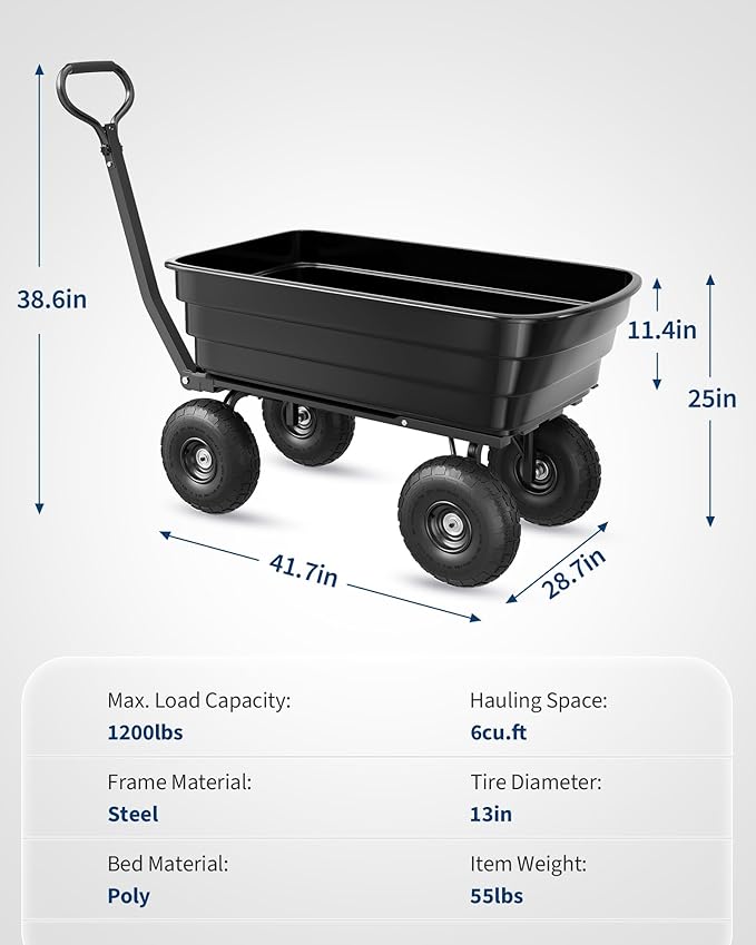 Heavy Duty Poly Garden Dump Cart 1200 lbs, 125L Utility Wagon Wheelbarrow with 10" All-Terrain Tires, Quick Release, 180° Adjustable Handle for Yard, Lawn, Landscaping, Black | 1200 lbs. load capacity